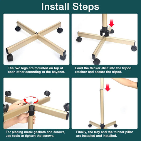 Installation steps for assembling the Champagne Gold Salon Rolling Tray On Wheels with adjustable height and swivel castors.
