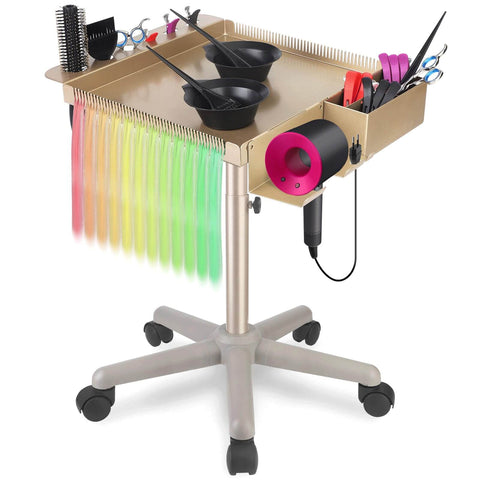 Champagne Gold Pro Grade Hair Salon Cart With Wheels Multi Function Salon Tray Station Height Adjustable From 26 To 43 Inches