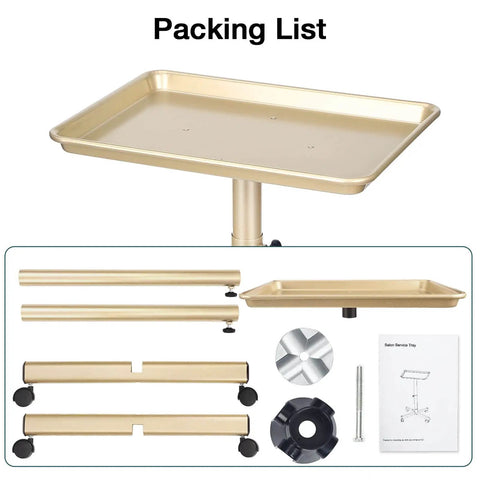 Packing list for Champagne Gold Salon Rolling Tray On Wheels, Adjustable Height Service Cart for salons and studios.