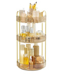 Three Tier Round Rotating Makeup And Skincare Organizer For Countertop Vanity In Champagne Gold, loaded with cosmetics.