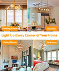 Look of G16.5 Globe LED Candelabra Bulbs in various rooms: dining room, kitchen, living room, and bedroom.