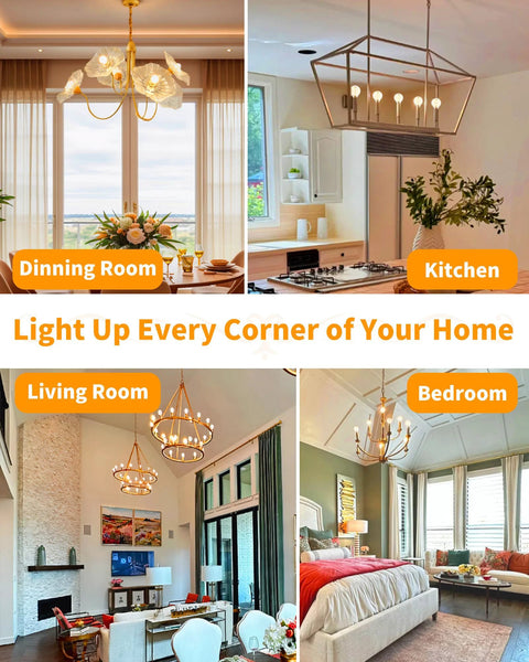 Look of G16.5 Globe LED Candelabra Bulbs in various rooms: dining room, kitchen, living room, and bedroom.