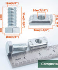 Comparison image of zinc-plated bolts and channel nuts, includes dimensions, part of 20 pack channel nut and bolt set delivers fast, secure strut mounting with zinc-plated 1/2 x 15/16 inch bolts and nuts for all 1-5/8 inch channel; snap-in design ensures quick, reliable installation for electrical and mechanical fits.