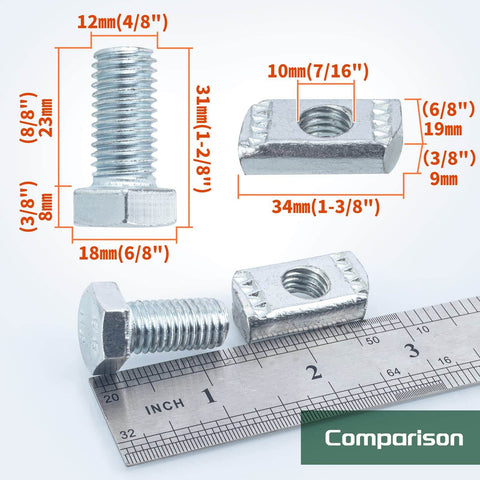 Comparison image of zinc-plated bolts and channel nuts, includes dimensions, part of 20 pack channel nut and bolt set delivers fast, secure strut mounting with zinc-plated 1/2 x 15/16 inch bolts and nuts for all 1-5/8 inch channel; snap-in design ensures quick, reliable installation for electrical and mechanical fits.