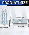 40 Piece Channel Nut And Bolt Set For One And Five Eighths Inch Strut Channel Galvanized Steel Fasteners For Construction Sites Factories And Industrial Installations, showing bolt and nut with dimensions.