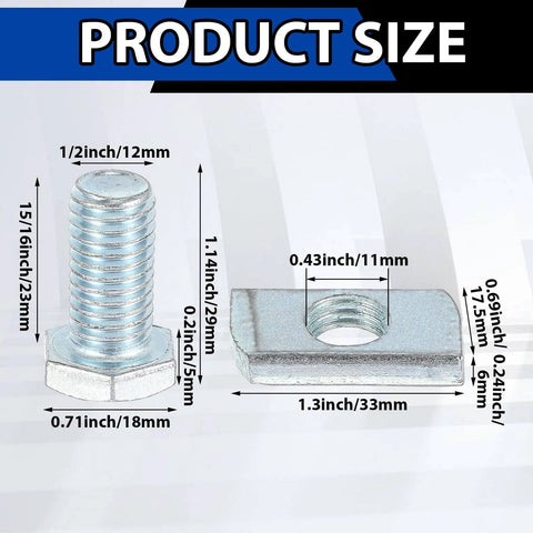 40 Piece Channel Nut And Bolt Set For One And Five Eighths Inch Strut Channel Galvanized Steel Fasteners For Construction Sites Factories And Industrial Installations, showing bolt and nut with dimensions.