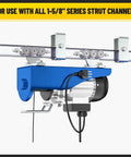 Heavy-duty galvanized channel trolley track hanger bracket for 1-5/8 inch UNISTRUT systems holding a hoist