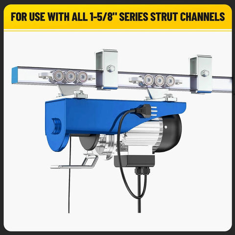 Heavy-duty galvanized channel trolley track hanger bracket for 1-5/8 inch UNISTRUT systems holding a hoist
