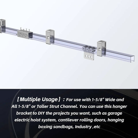 Set Of 4 Channel Trolley Track Hanger Brackets For UNISTRUT Strut Channel 1-5/8 Inch, shown on an installed track