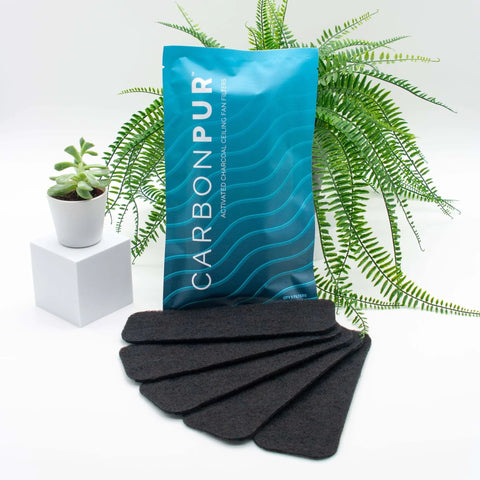 Activated Charcoal Ceiling Fan Filters 5 Pack For Universal Fit Made In USA For Air Purification Odors Dust Pollutants Removal By CarbonPur Veteran Owned American Craftsmanship, displayed with packaging