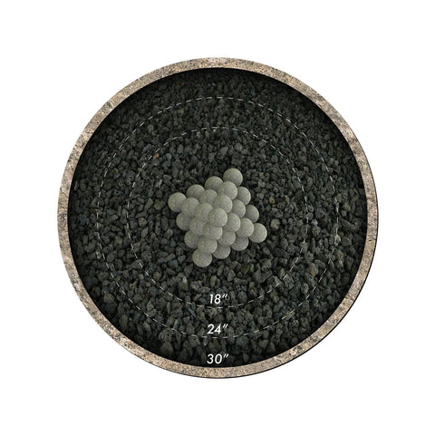 Top view of Charcoal Gray 2 inch Ceramic Fire Balls - 30-Pack - Brushed Concrete Look, Speckled in circular fire pit with measurements