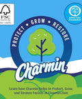 Charmin environmental initiative logo with a tree, promoting the Protect, Grow, Restore program and partnership with Arbor Day Foundation.
