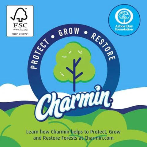 Charmin environmental initiative logo with a tree, promoting the Protect, Grow, Restore program and partnership with Arbor Day Foundation.