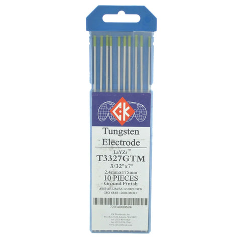 Package of Layzr Chartreuse EWG LaYZr Tungsten Electrode Three Thirty Second Inch By Seven Inch 10 Pack For Robotic Welding