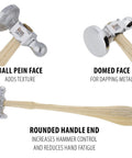 Two Sided Chasing Hammer for Metalworking and Jewelry Making with 10.75 Inch Wood Handle, showcasing ball pein and domed faces.