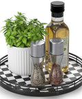 Checkered Black And White Lazy Susan Turntable With Iron Frame And Oak Wood Top 10 Inch Round Decorative Tray with spices and plant