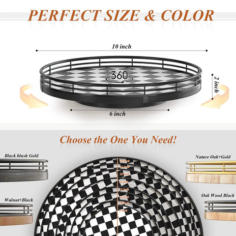 Checkered Black And White Lazy Susan Turntable With Iron Frame And Oak Wood Top 10 Inch Round Decorative Tray for cookies