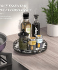Checkered Black And White Lazy Susan Turntable With Iron Frame And Oak Wood Top 10 Inch Round Decorative Tray with spices on countertop