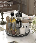 12 Inch Round Black And White Checkered Lazy Susan Turntable With Iron Frame on dining table, holding condiments and decor items