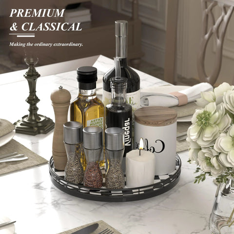 12 Inch Round Black And White Checkered Lazy Susan Turntable With Iron Frame on dining table, holding condiments and decor items