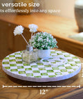 12 Inch Checkered Lazy Susan Handcrafted Capiz Shell Turntable Inlaid On Pine Wood With Pistachio Green Checker Pattern