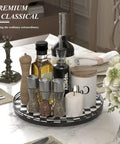 Black And White Checkered Round Lazy Susan Turntable With Iron Frame And 13 Inch Wooden Tabletop Kitchen Organizer on dining table