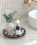 Checkered Black And White Lazy Susan Turntable With Iron Frame And Oak Wood Top 10 Inch Round Decorative Tray in bathroom setup
