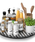 18 Inch Black And White Checkered Lazy Susan Turntable With Iron Frame Decorative Tray for kitchen accessories and condiments storage.
