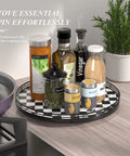 Black And White Checkered Round Lazy Susan Turntable With Iron Frame And 13 Inch Wooden Tabletop Kitchen Organizer For Cookies Dining Table Centerpiece Small Kitchen Decor And Easy Access Serving Tray holding condiments and spices