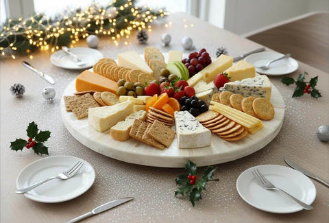 12.6 inch decorative lazy susan turntable with mother of pearl inlay, showcasing a cheese platter on a dining table.