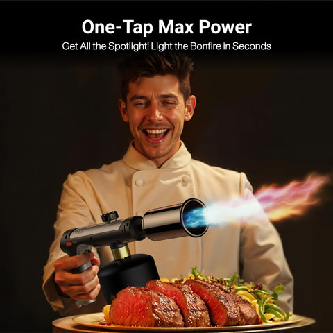 Man holding Propane Kitchen Torch With One Touch Max Fire Safety Lock And Triple Guard Charcoal Lighter Flame Thrower for BBQ cooking