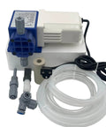 Precision Controls - Chem Flow Diaphragm Pump, 30 GPD Max, 100 PSI, 230 Volt Metering Pump with 3/8" tubing connections, shown with accessories.