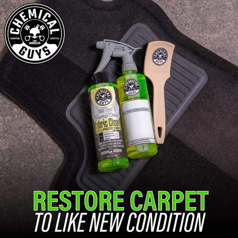 Chemical Guys Foaming Citrus Fabric Clean, Carpet and Upholstery Cleaner - 16 oz spray bottle with brush on a car mat