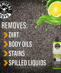 Chemical Guys Foaming Citrus Fabric Clean, Carpet and Upholstery Cleaner bottle with citrus slice and cleaning benefits listed.