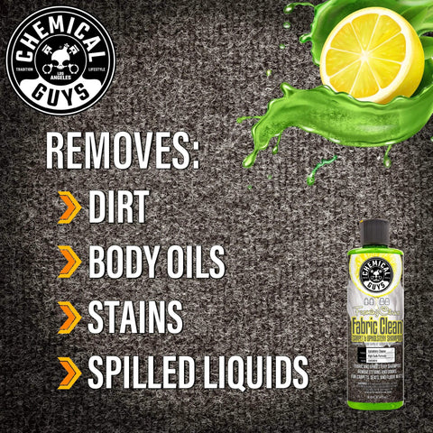 Chemical Guys Foaming Citrus Fabric Clean, Carpet and Upholstery Cleaner bottle with citrus slice and cleaning benefits listed.