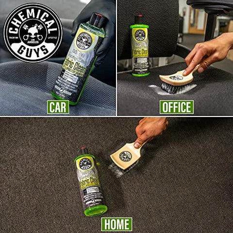 Image of Chemical Guys Foaming Citrus Fabric Clean, Carpet and Upholstery Cleaner - Car Carpet Cleaner for Seats, and Floor Mats, Safe for Home, Office & More, Citrus Scent - 16 oz used on car seats, office upholstery, and home carpet with a brush.