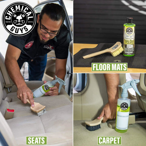 Chemical Guys Foaming Citrus Fabric Clean Carpet and Upholstery Cleaner used on car seats, carpets, and floor mats.