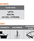 Features and fluid compatibility chart for Groz Polypropylene Chemical Pump - Self-Priming Vertical Lift for 55-Gallon Drums, 14 oz/Stroke, Chemical-Resistant (44192) showing flow rate and suitable fluids.