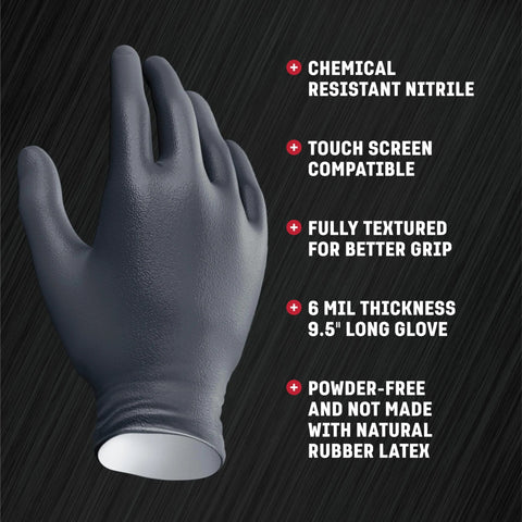 Chemical Resistant Black Nitrile Gloves Two Layer Protection 6 Mil Powder Free with textured grip and touchscreen compatibility