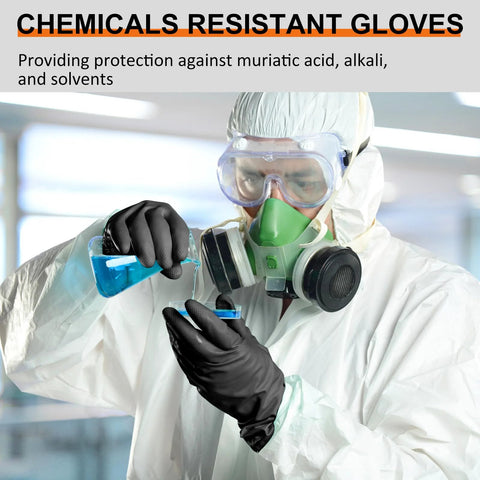 Scientist wearing Large Chemical Resistant Latex Gloves 10 Pairs Heavy Duty Dishwashing Gloves handling chemicals in lab