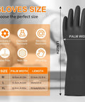 Size chart for Large Chemical Resistant Latex Gloves 10 Pairs Heavy Duty Dishwashing Gloves with measurements and features
