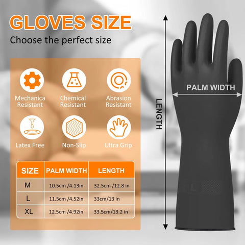 Size chart for Large Chemical Resistant Latex Gloves 10 Pairs Heavy Duty Dishwashing Gloves with measurements and features