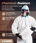 Person in protective suit holding container, wearing Heavy Duty Black Nitrile Gloves 8 Mil Latex Free Food Safe Diamond Grip, chemical-resistant.
