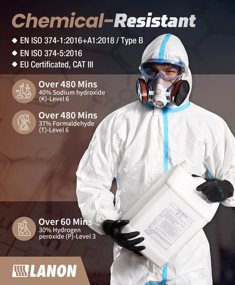 Person in protective suit holding container, wearing Heavy Duty Black Nitrile Gloves 8 Mil Latex Free Food Safe Diamond Grip, chemical-resistant.