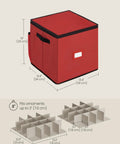 Cherry Red Christmas Ornament Storage Box With 64 Slots For 3 Inch Ornaments, showing measurements and dividers.