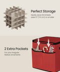 Close-up of Cherry Red Christmas Ornament Storage Box With 64 Slots For 3 Inch Ornaments, showing dividers and extra pockets.