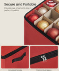 Close-up of cherry red Christmas ornament storage box with 64 slots, dual zippers, and convenient handles, featuring ornaments inside.