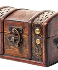 Wooden chest with spring loaded chest handle set of 2 with rubber grip heavy duty stainless steel folding handles installed, side view.