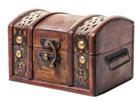 Wooden chest with spring loaded chest handle set of 2 with rubber grip heavy duty stainless steel folding handles installed, side view.