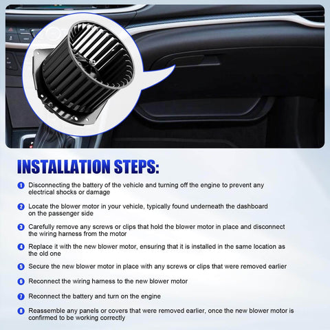 Image showing installation steps for Direct Fit Replacement AC Blower Motor With Fan For 1992 1993 1994 1995 1996 Chevy Silverado Suburban 1500 2500 Tahoe GMC Sierra Yukon C1500 C2500 K1500 K2500 G20 HVAC Heater Blower Motor Replaces 700103, with inset of blower motor.